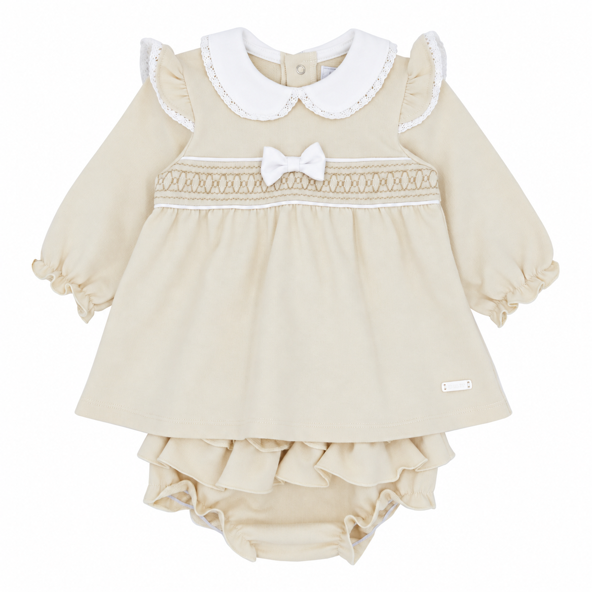 Amore Girls Beige Smock Dress & Pant Set