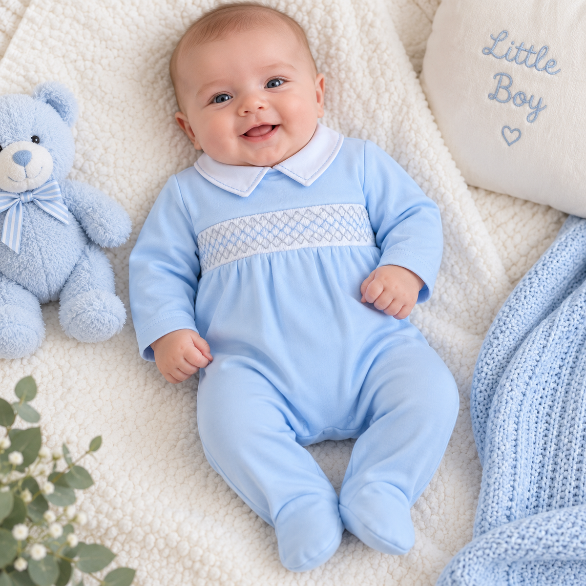 Boys Blue Smock Sleepsuit
