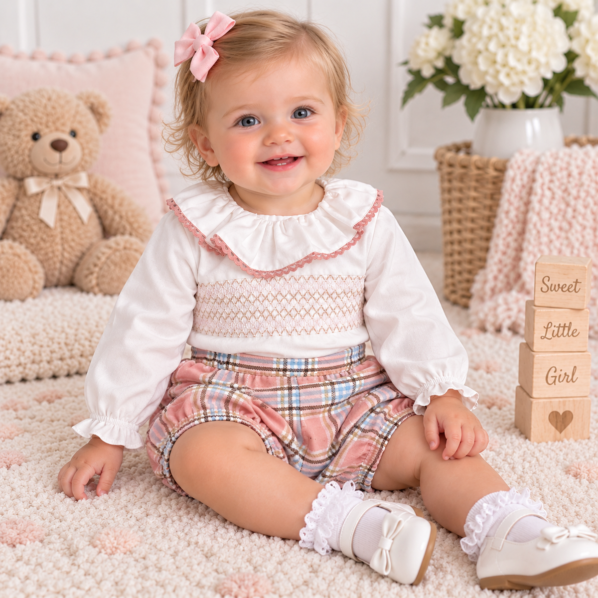 Girls Pink Check Two Piece Smock Set SG147