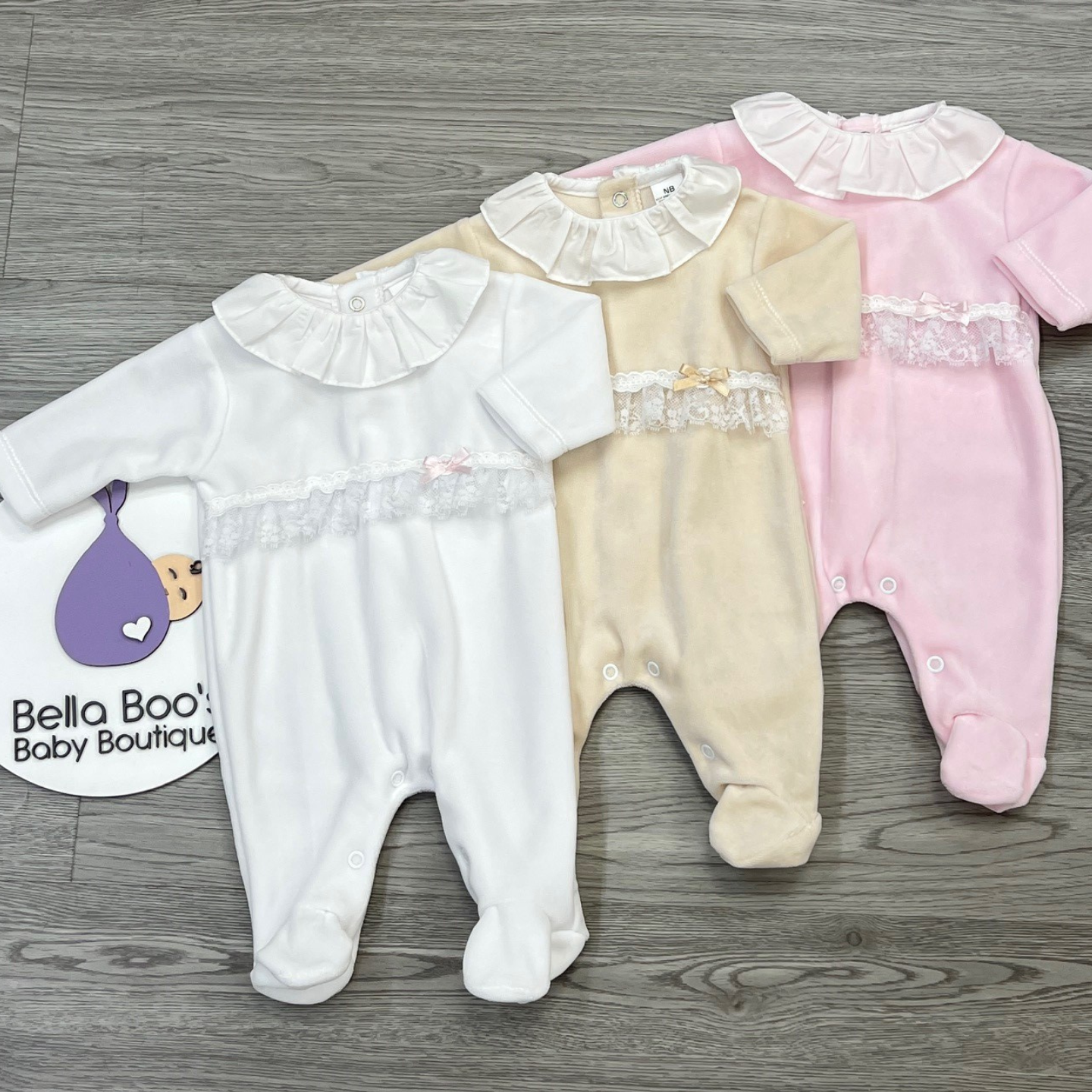 Baby Girls Velour Biscuit/Beige Lace Babygrow
