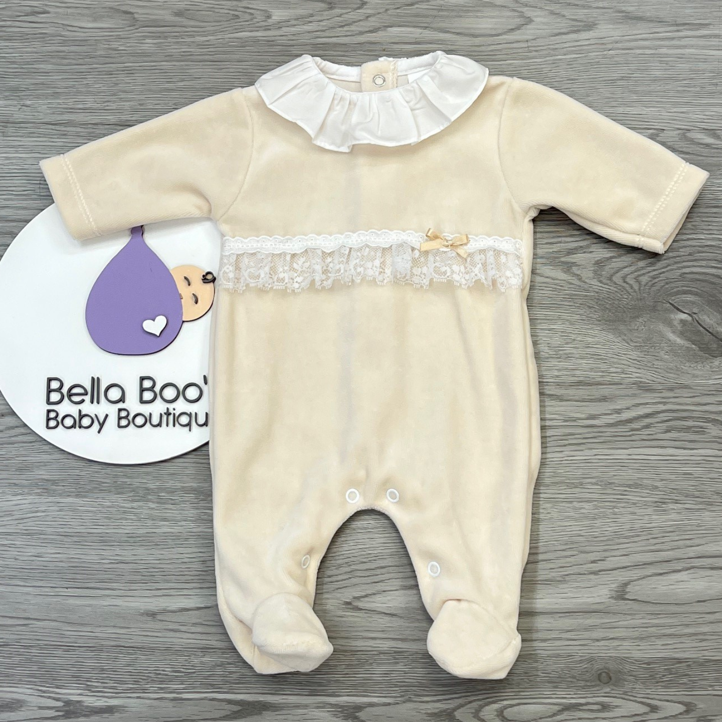 Baby Girls Velour Biscuit/Beige Lace Babygrow