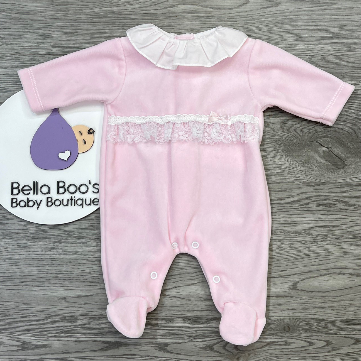 Baby Girls Velour Pink Lace Babygrow