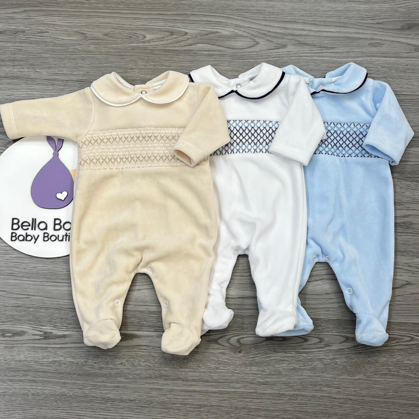 Baby Boys Biscuit/Beige Velour Smock Babygrow