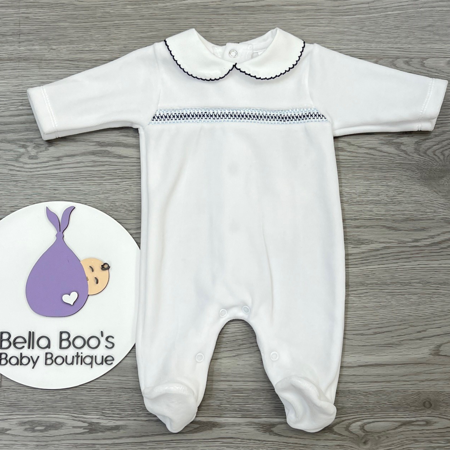 White/Navy Velour Babygrow