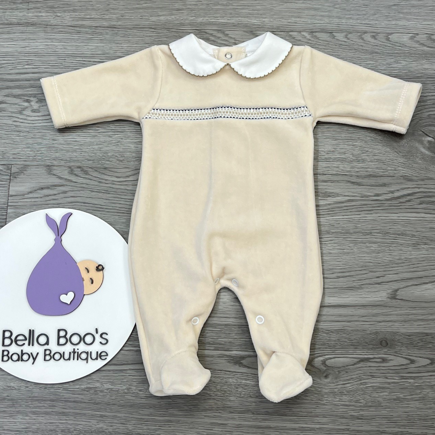 Biscuit/Navy Velour Babygrow – Bella Boo's Baby Boutique