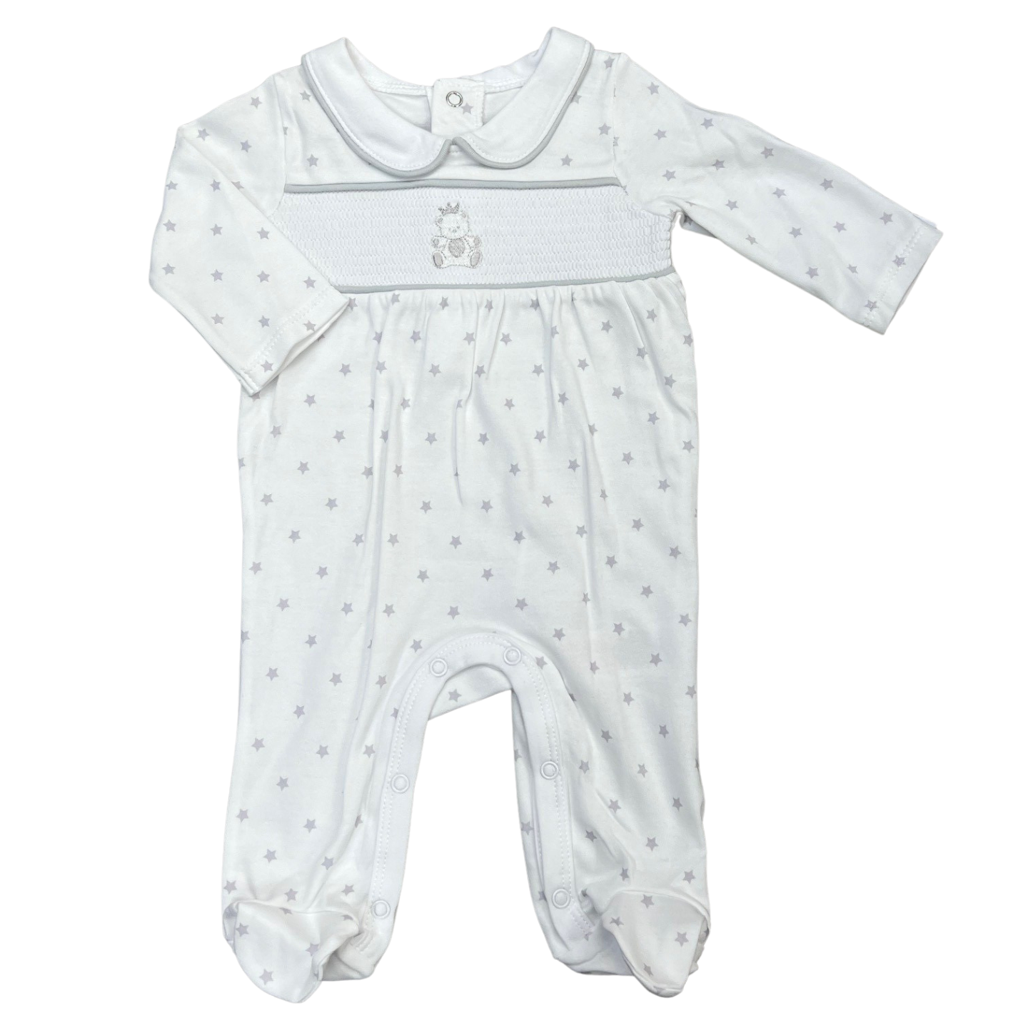 Unisex White/Grey Teddy Star Smock Babygrow