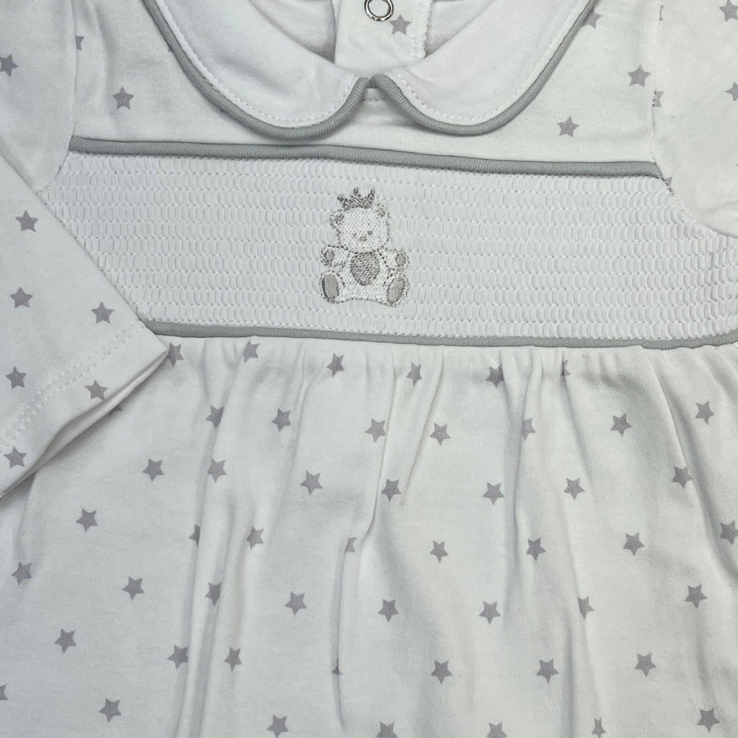 Unisex White/Grey Teddy Star Smock Babygrow