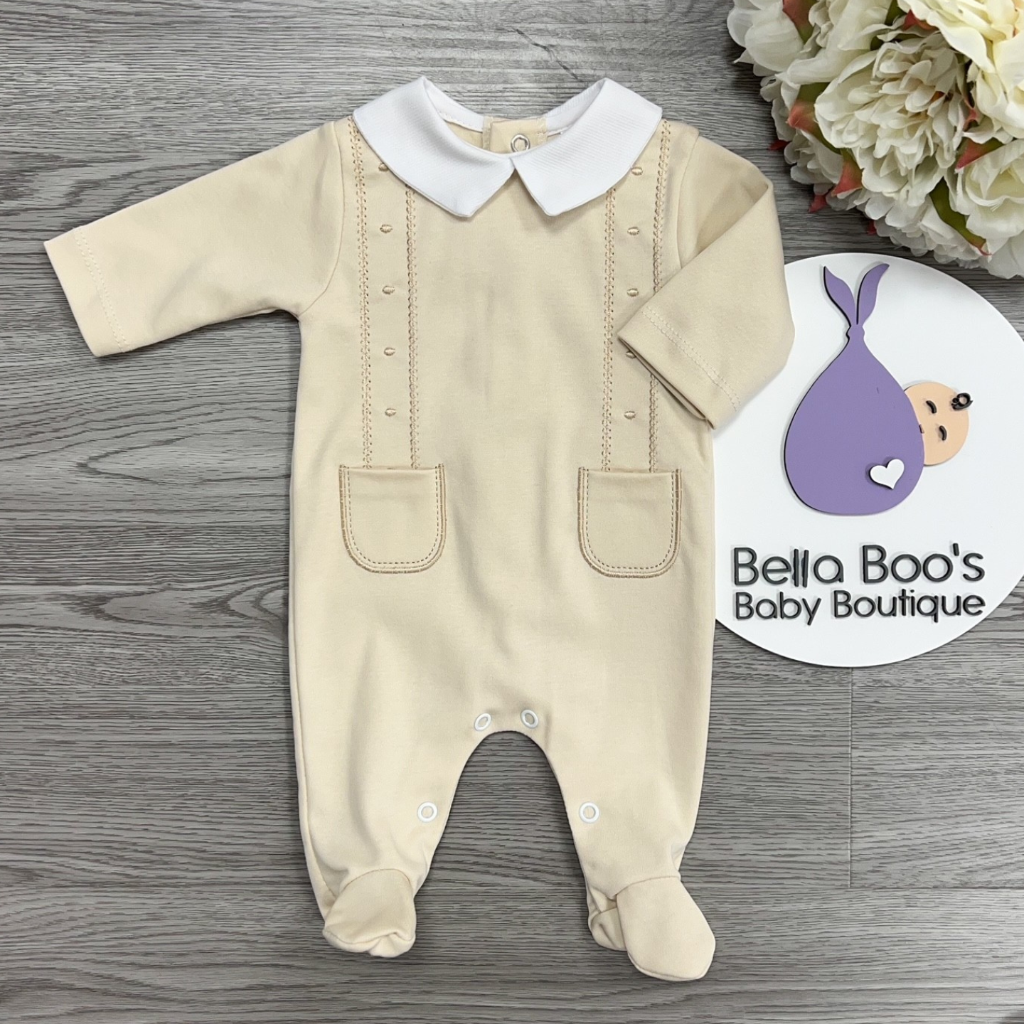 Beige Cotton Sleepsuit With Pockets