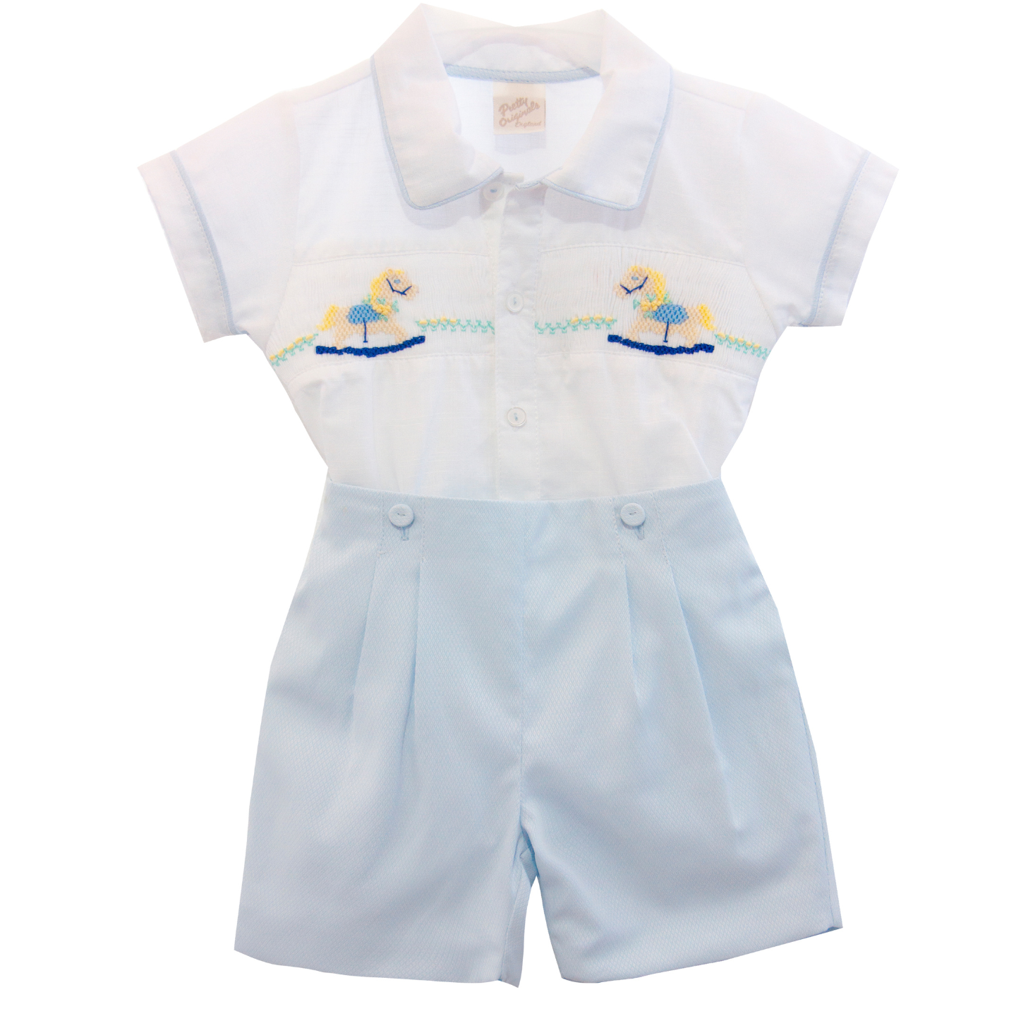 Pretty Originals Boys Blue & White Smock Rocking Horse Set