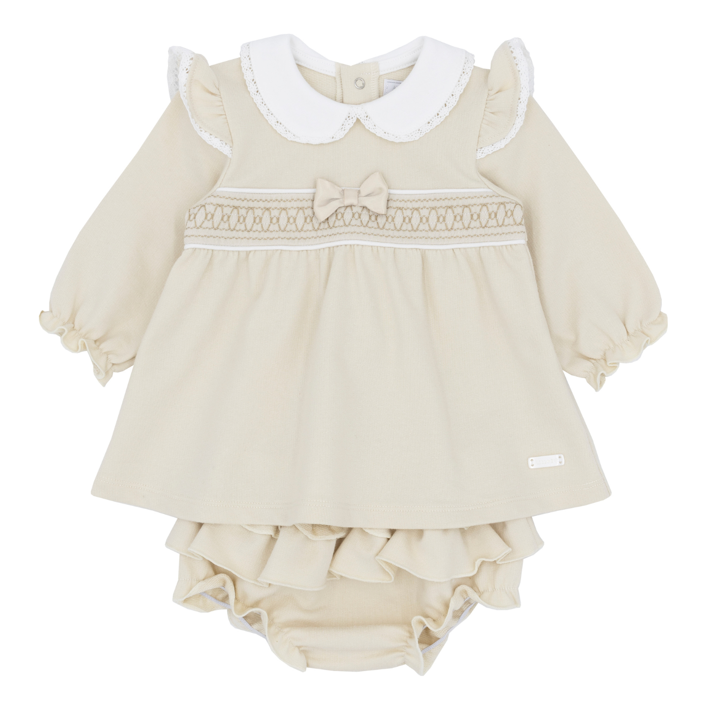 Amore Girls Beige Smock Dress & Pant Set