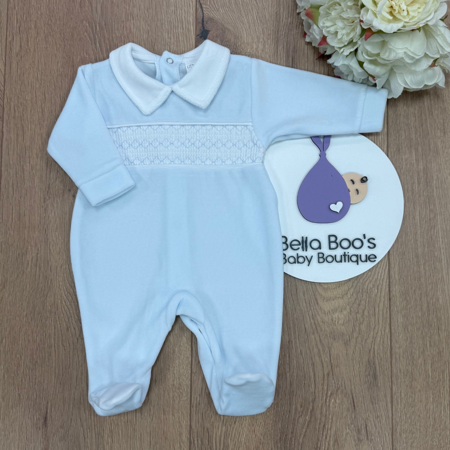 Blue Velour Smock Sleepsuit