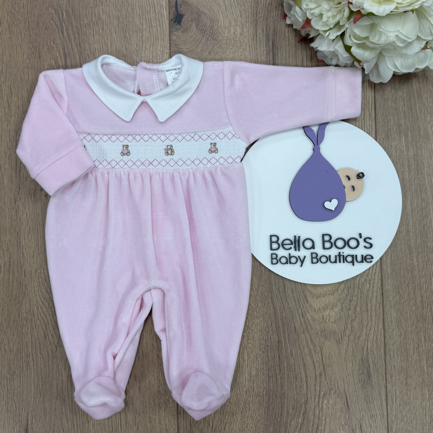 Girls Pink Bear Smock Sleepsuit