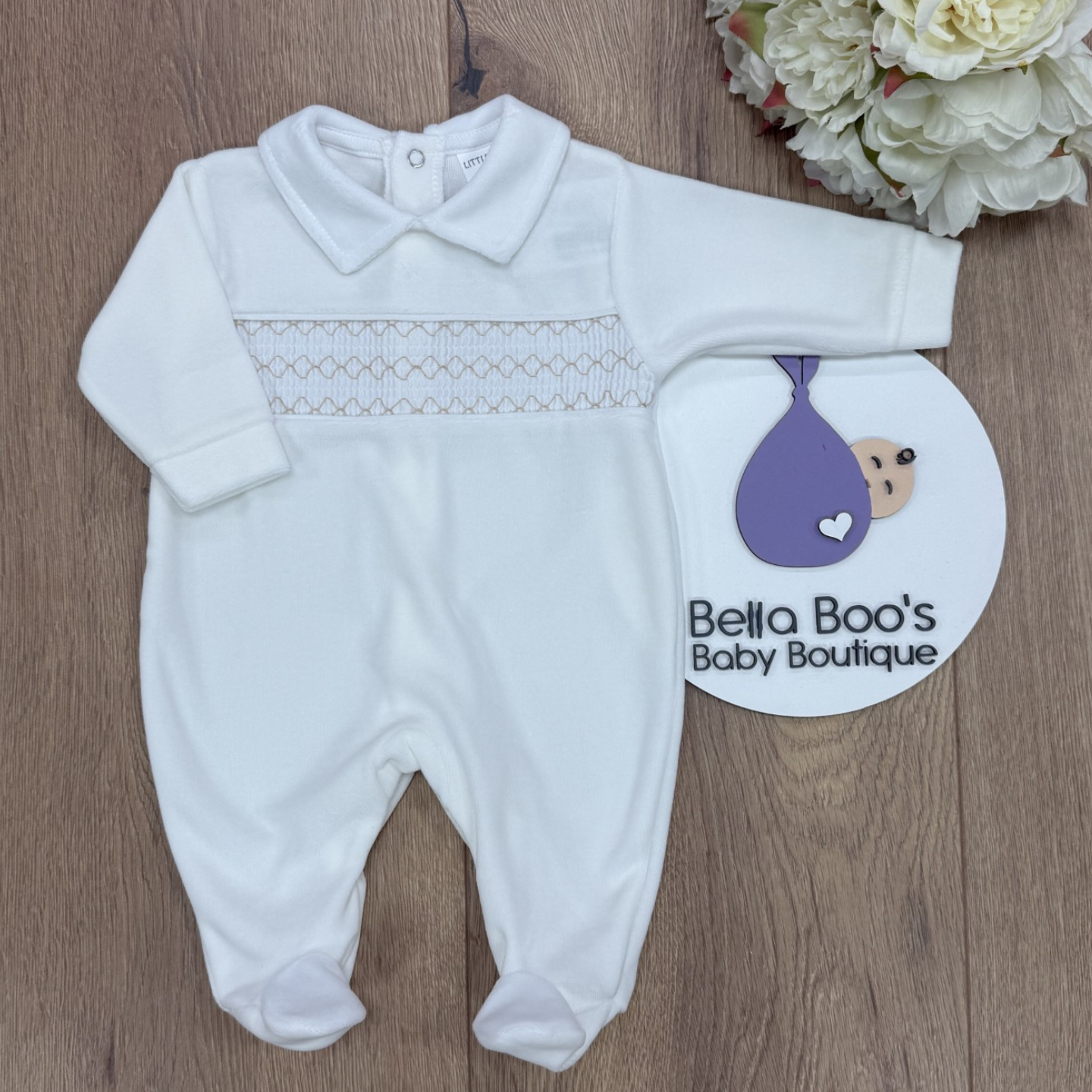 Cream Velour Smock Sleepsuit