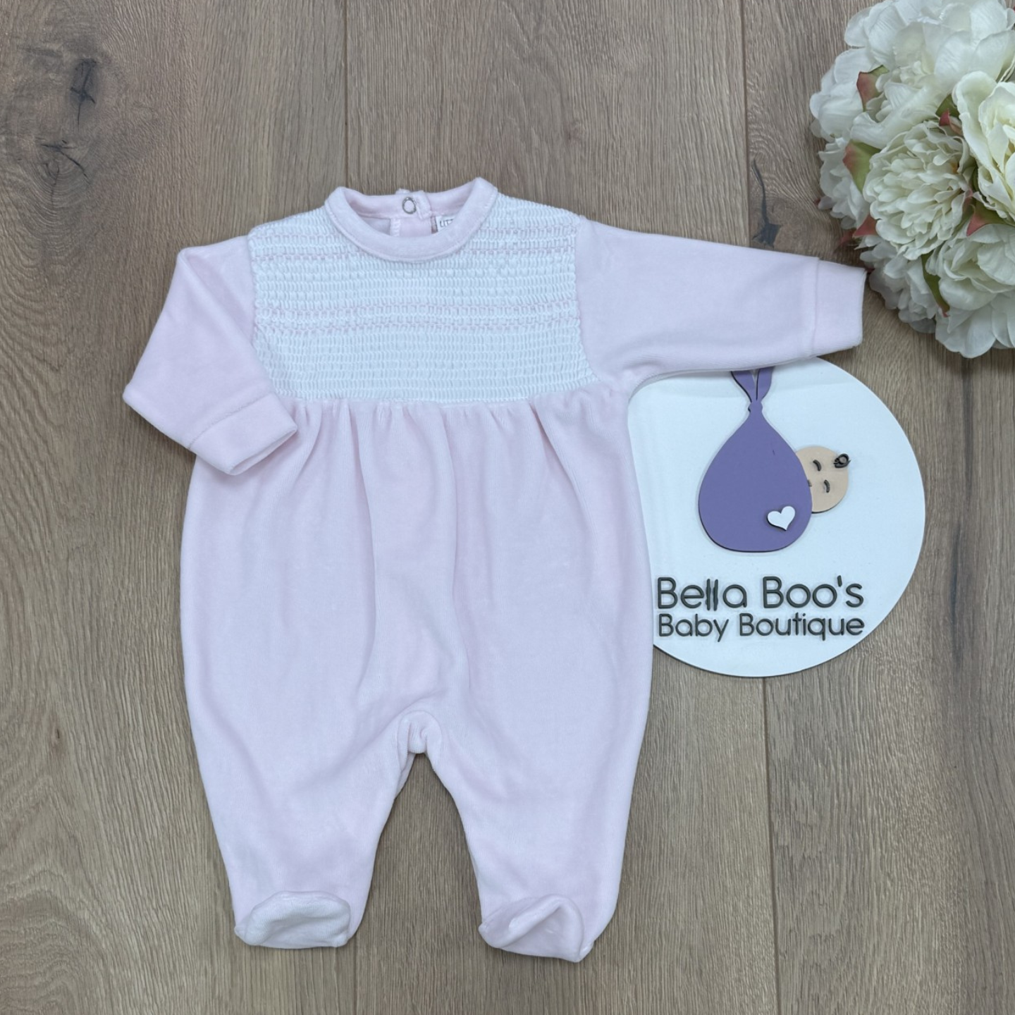 Pink Smock Velour Sleepsuit