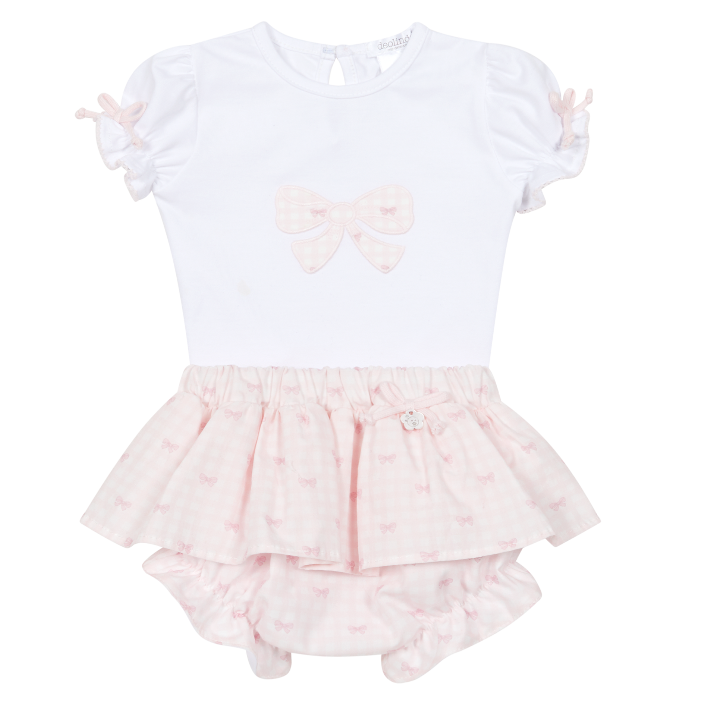 Deolinda Baby Girls Pink Bow Two Piece Ruffle Pant Set