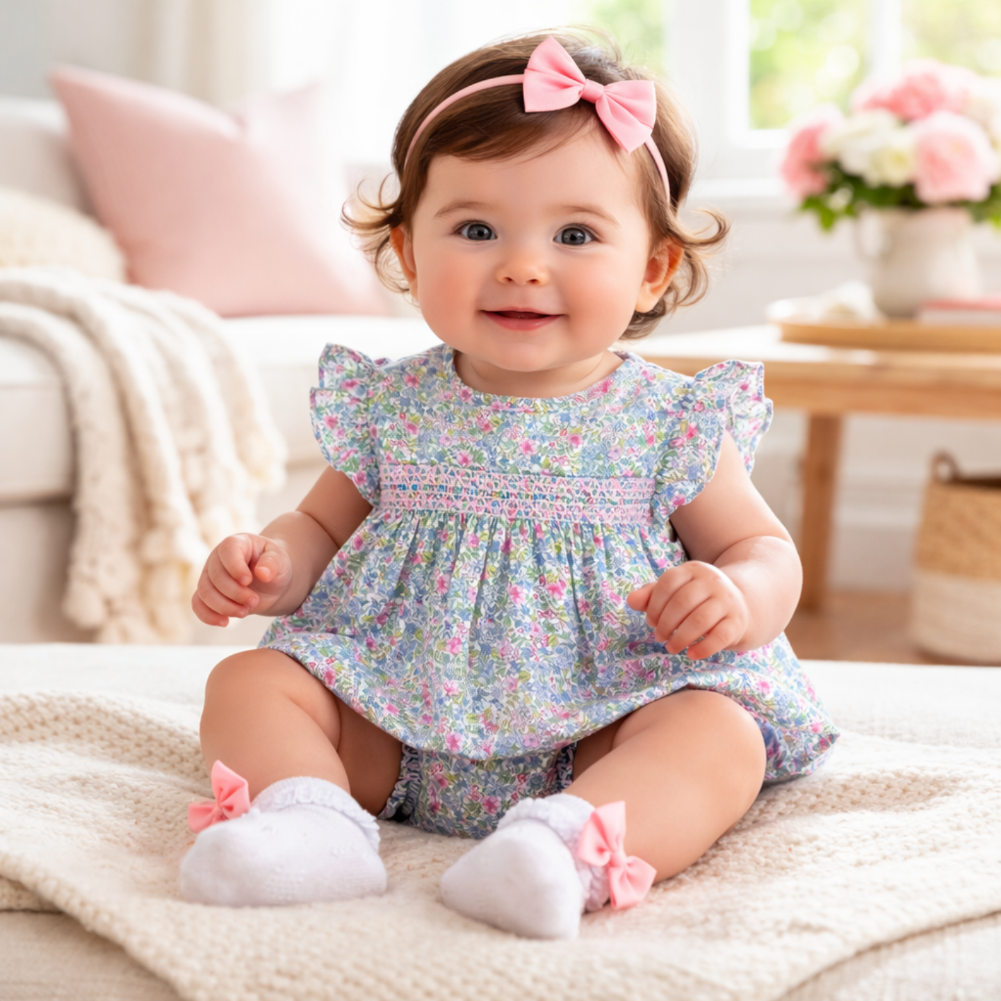Sardon Baby Girls Floral Smock Dress & Pant Set