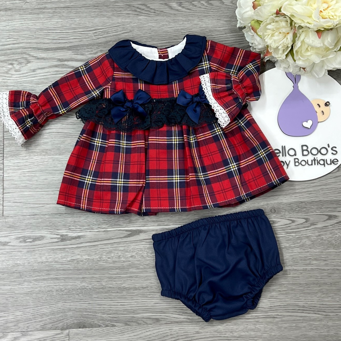 Girls Navy/Red Check Dress & Pant Set