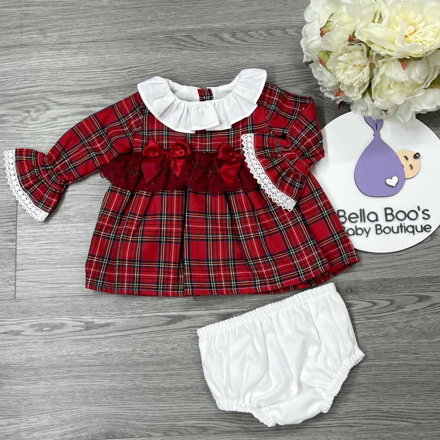Girls Red Tartan Dress & Pant Set