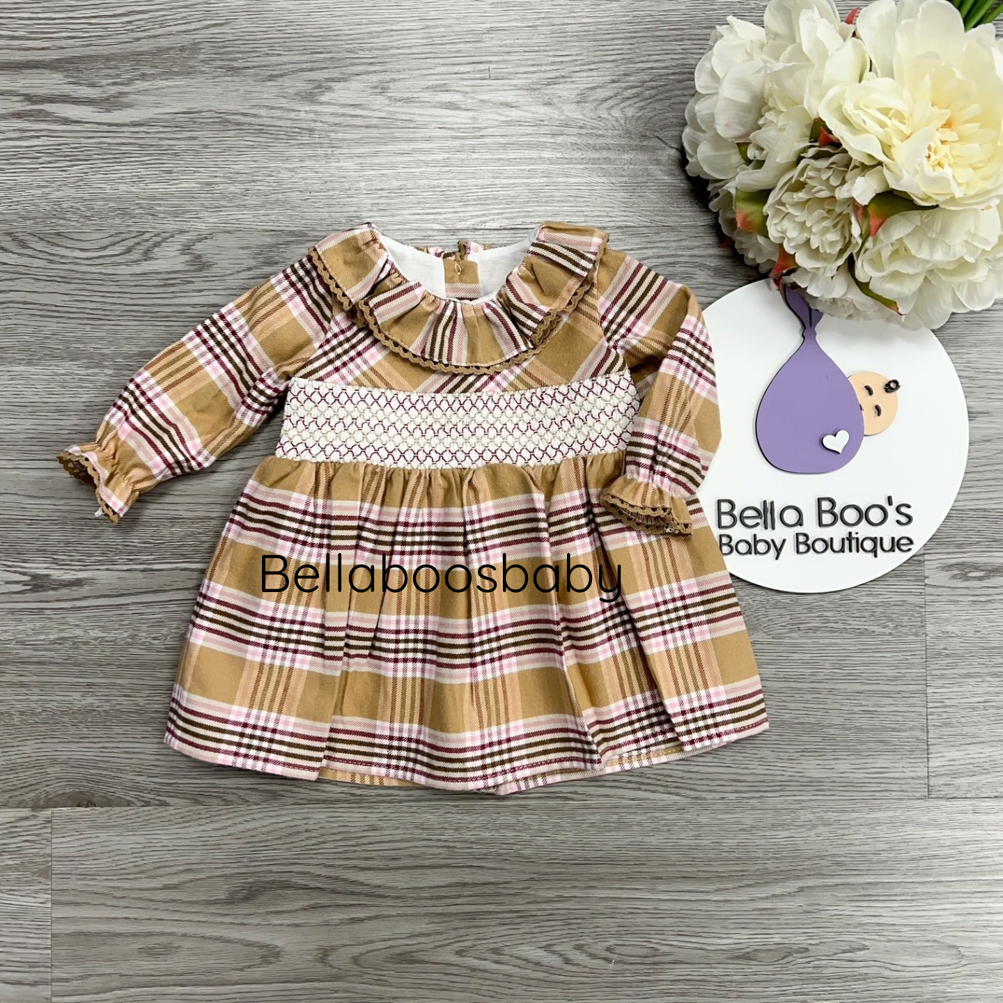 Girls Camel Check Smocked Dress