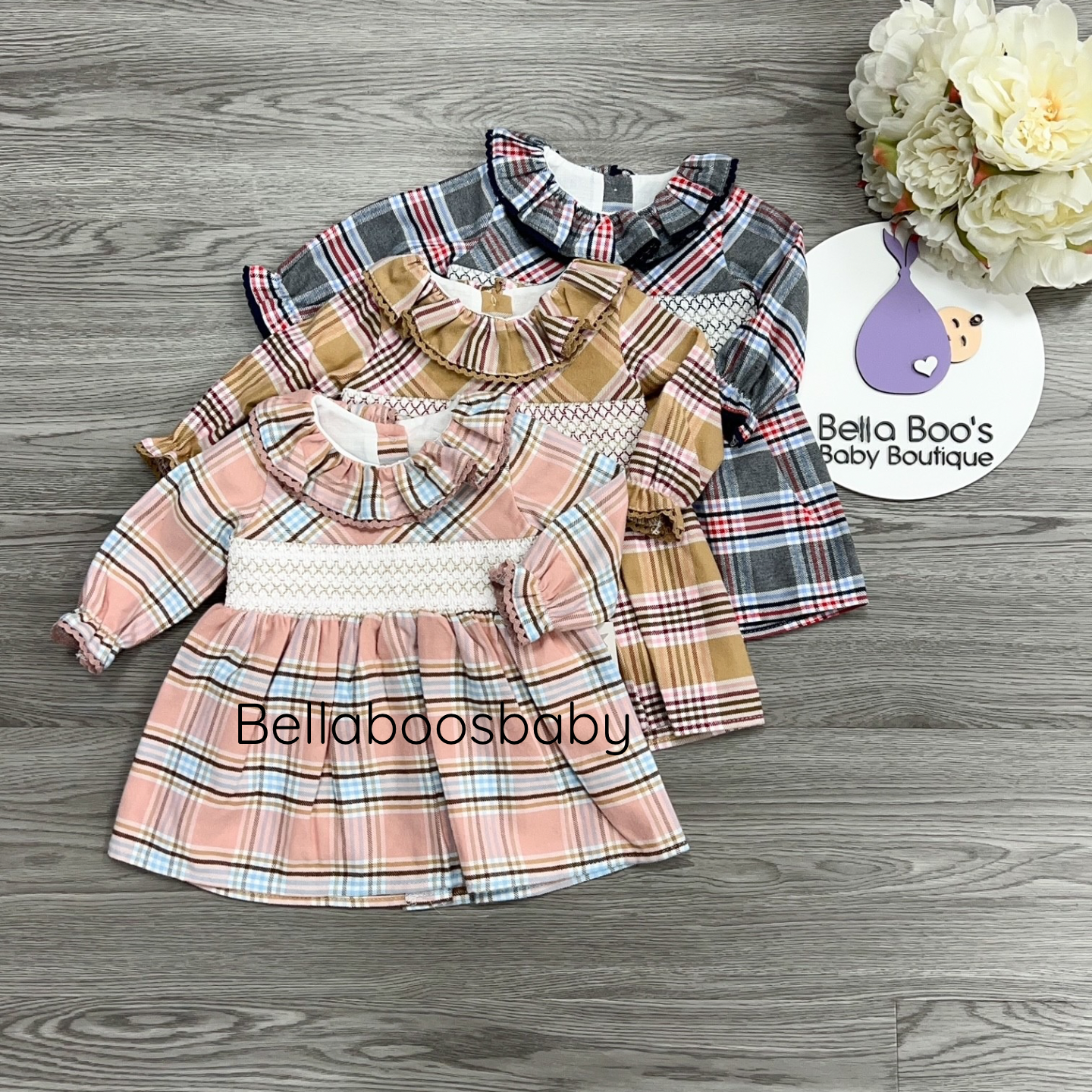 Girls Camel Check Smocked Dress