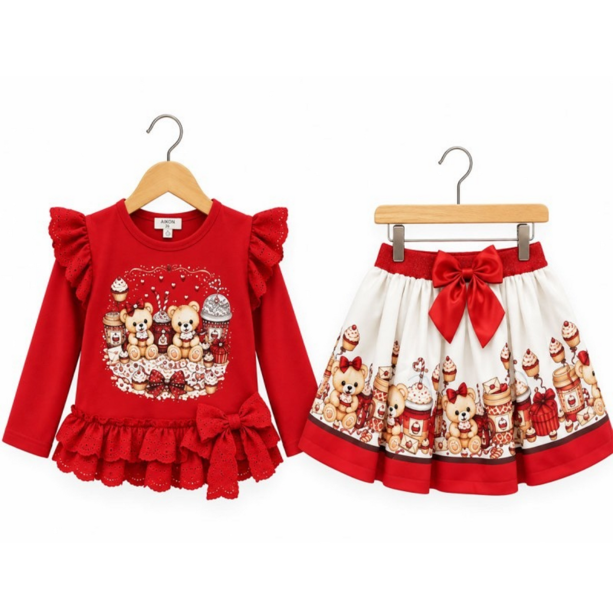 Girls Red Teddy Skirt Set