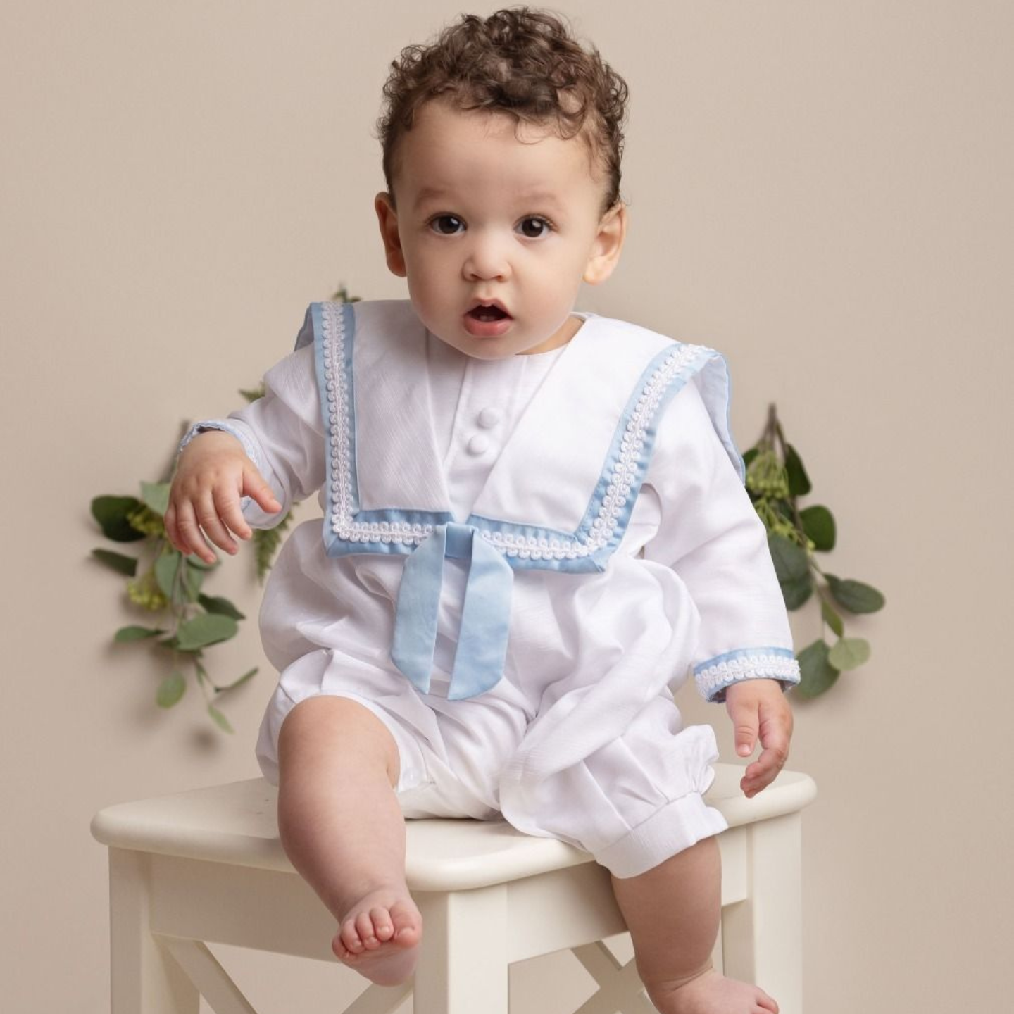 Boys Christening Romper in White/Blue