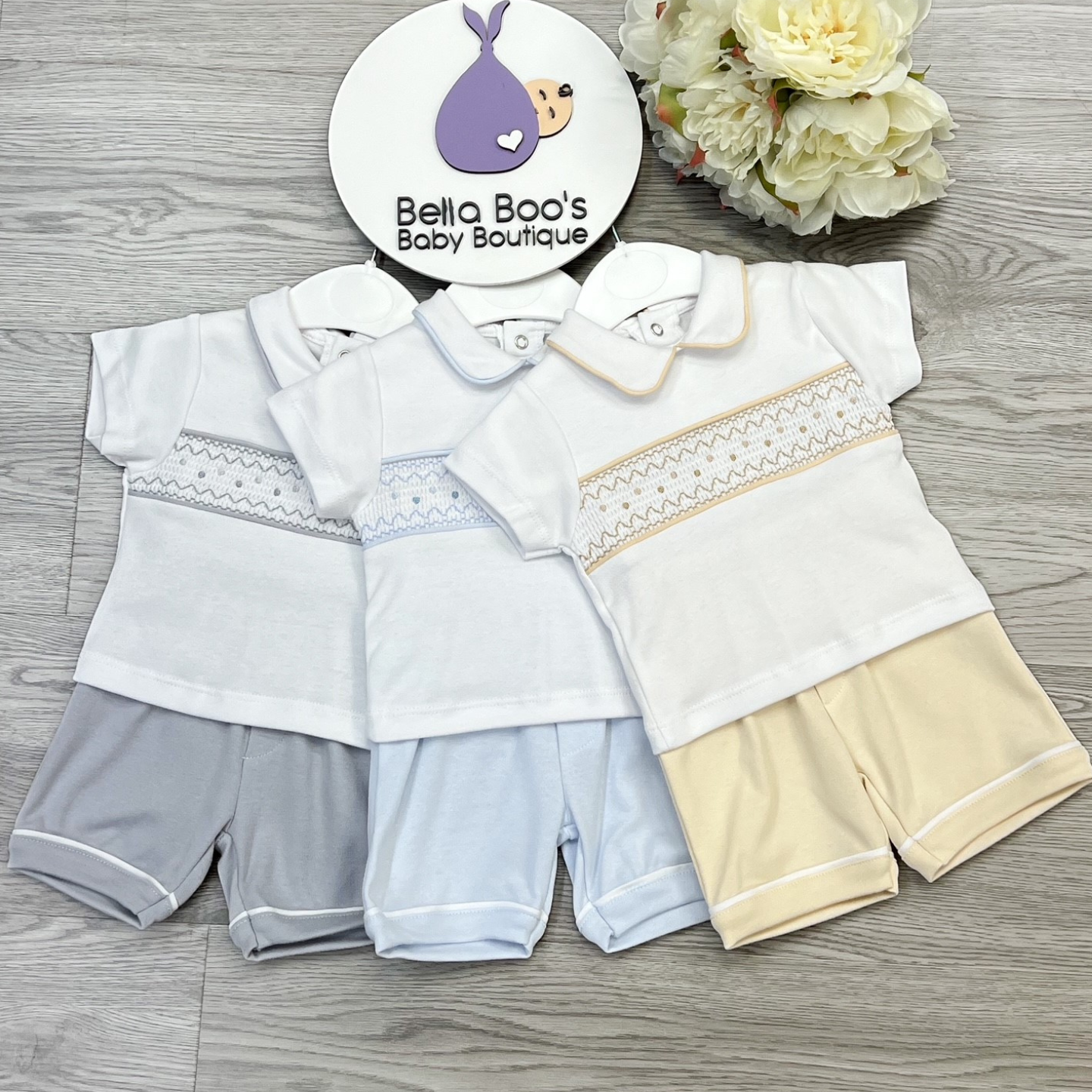 Boys Cotton Smocked Grey Short Set