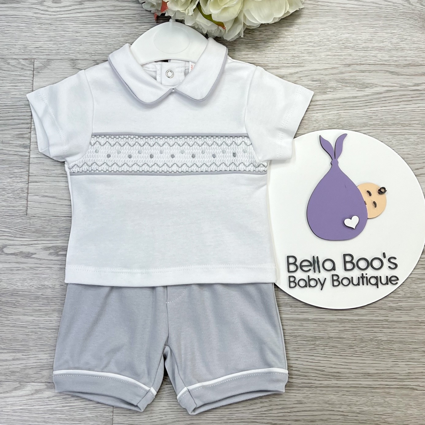 Boys Cotton Smocked Grey Short Set