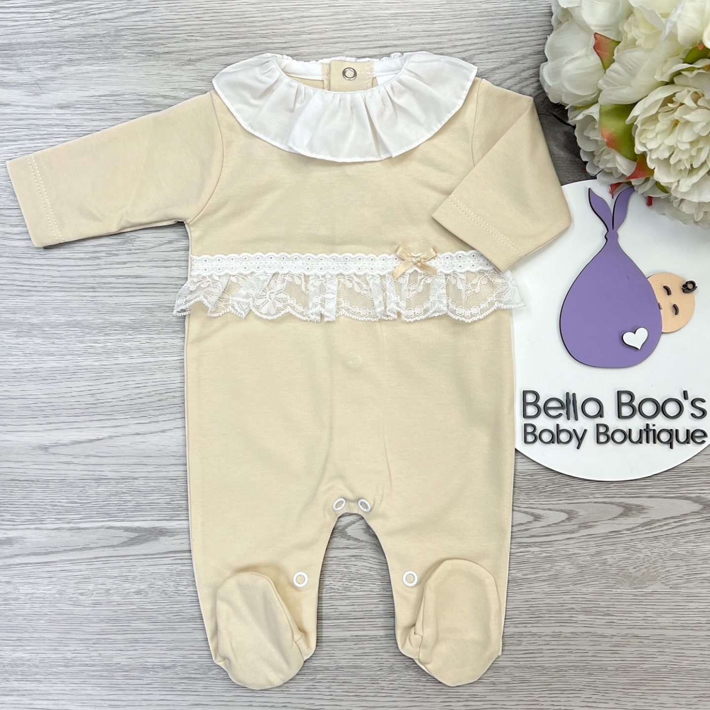 Girls Beige Lace Sleepsuit