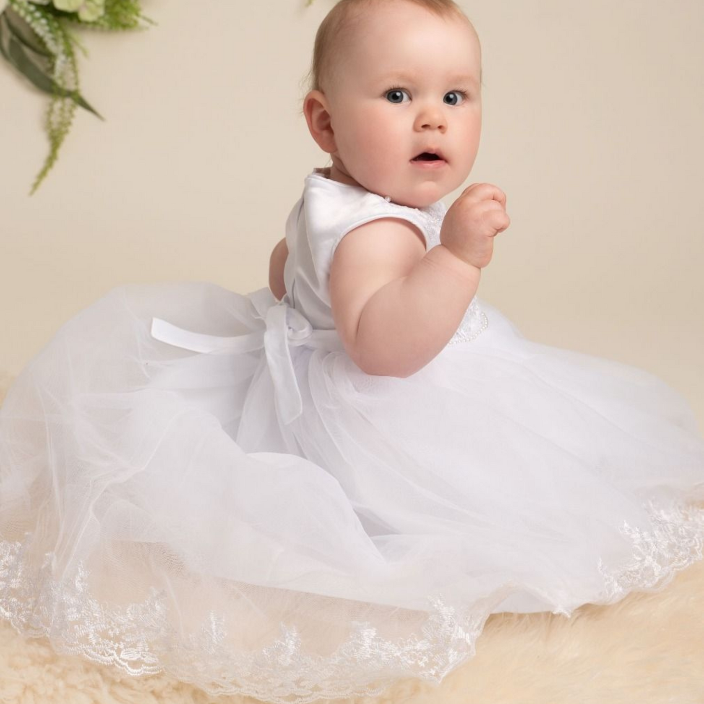 Girls 'Khloe' White Christening/Party Dress With Train Back Detail