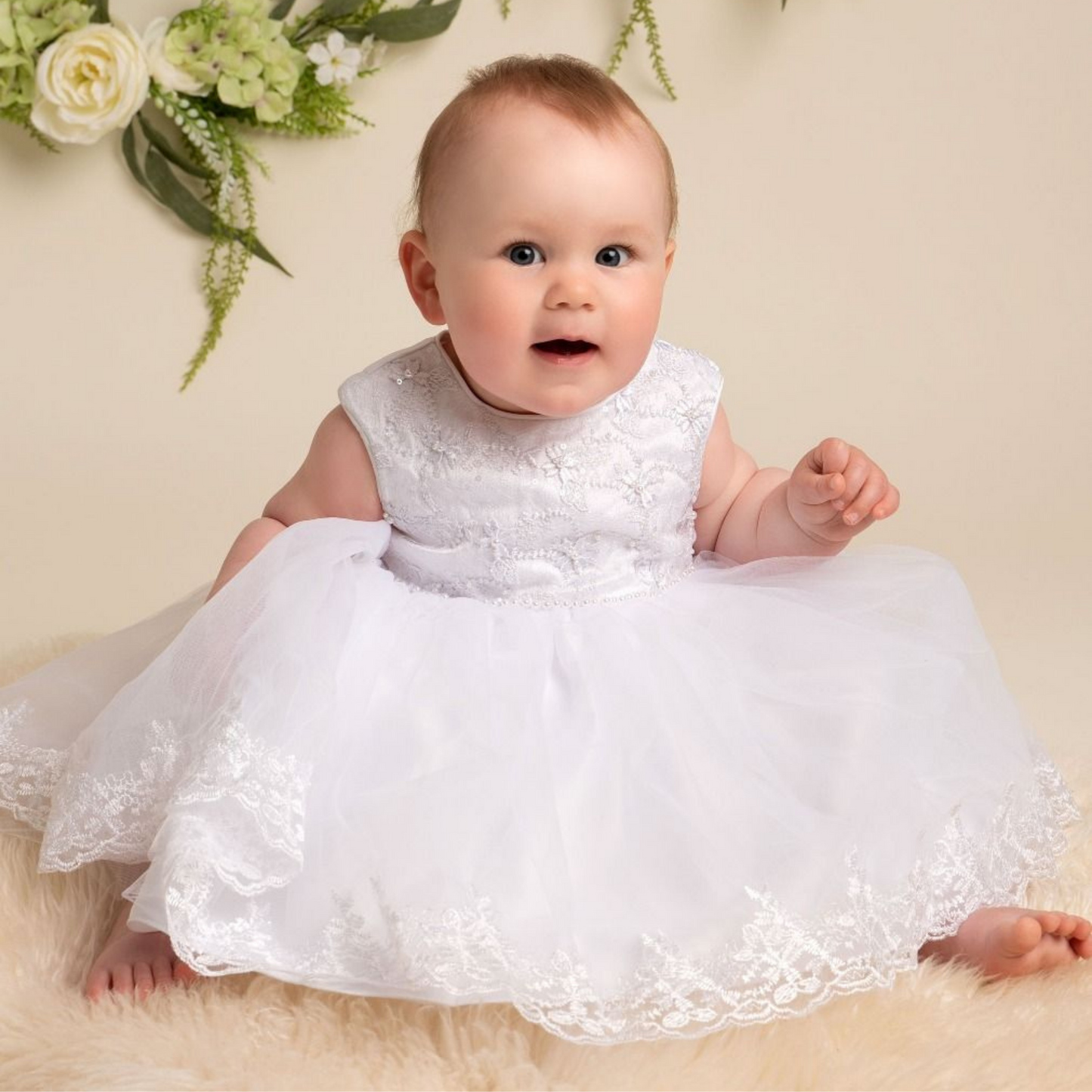 Girls 'Khloe' White Christening/Party Dress With Train Back Detail