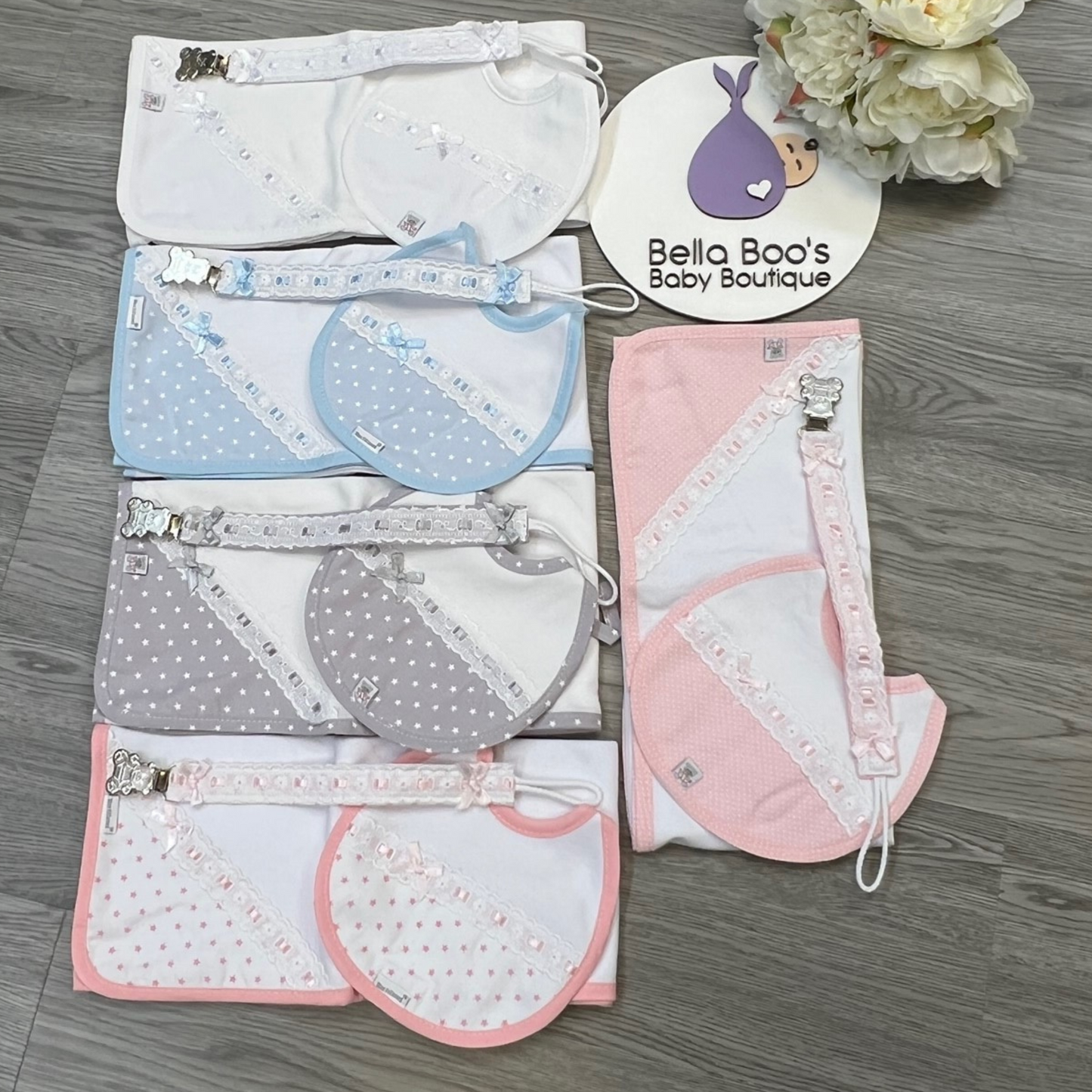 Spanish Bib, Muslin & Dummy Clip Set