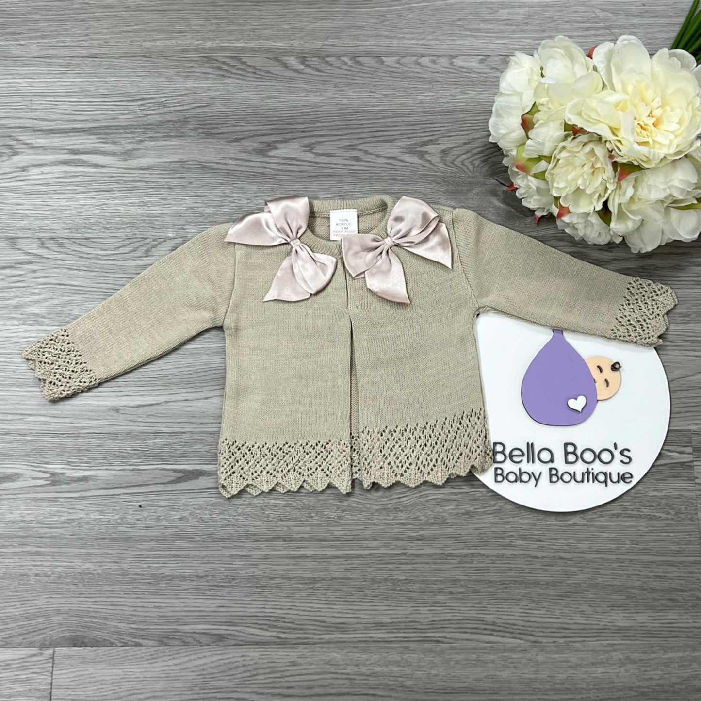 Girls Double Bow Camel Cardigan