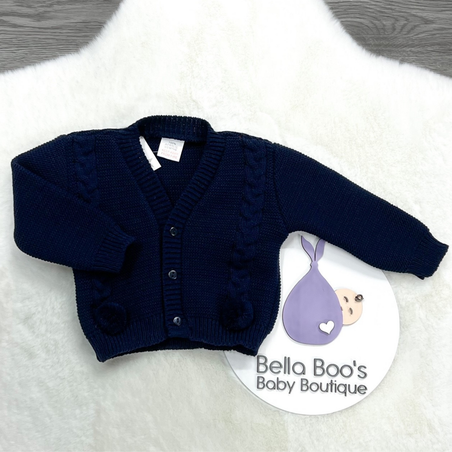 Navy Knitted Pom Pom Cardigan