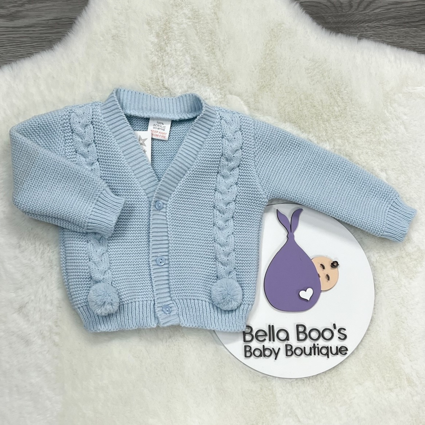 Blue Knitted Pom Pom Cardigan