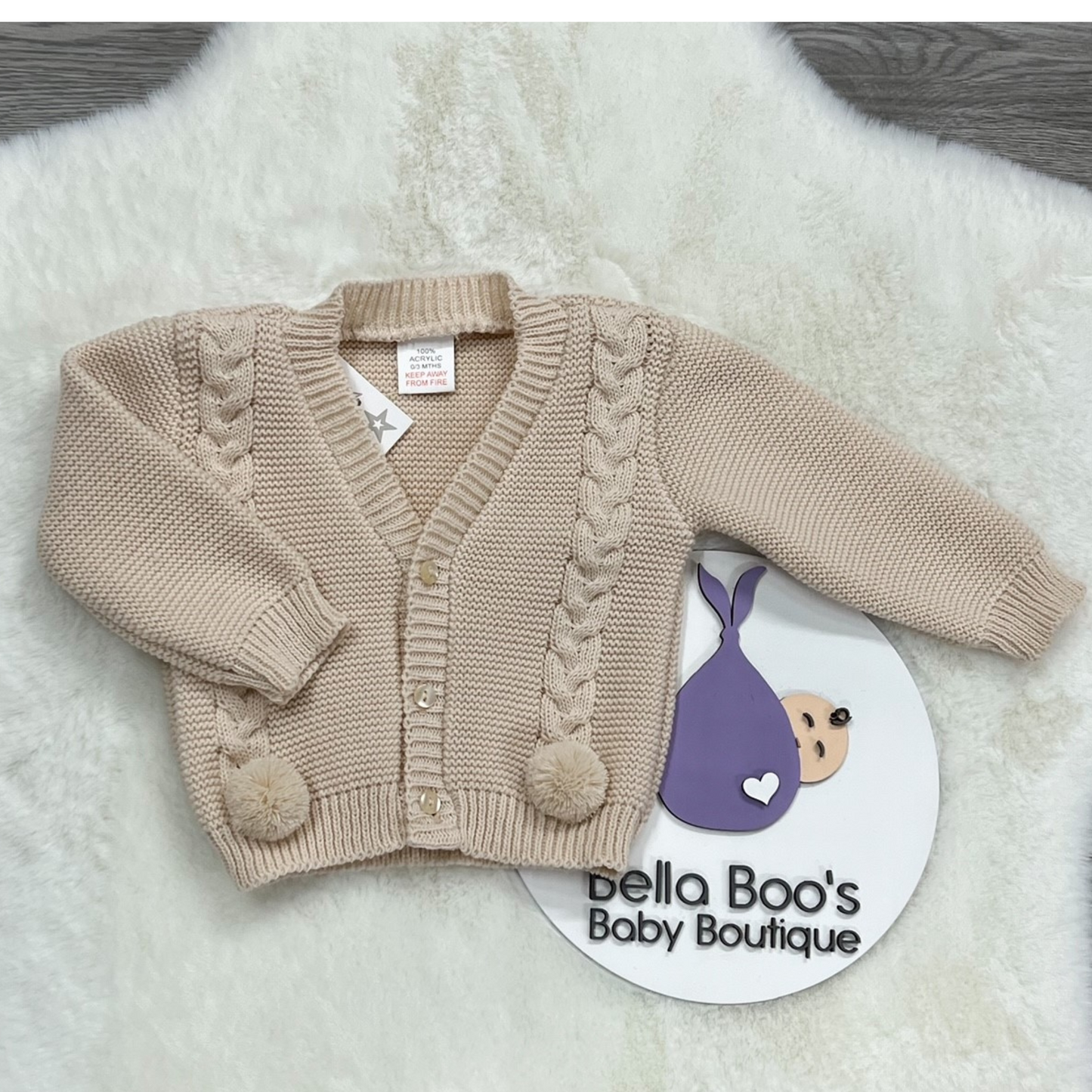 Biscuit Knitted Pom Pom Cardigan