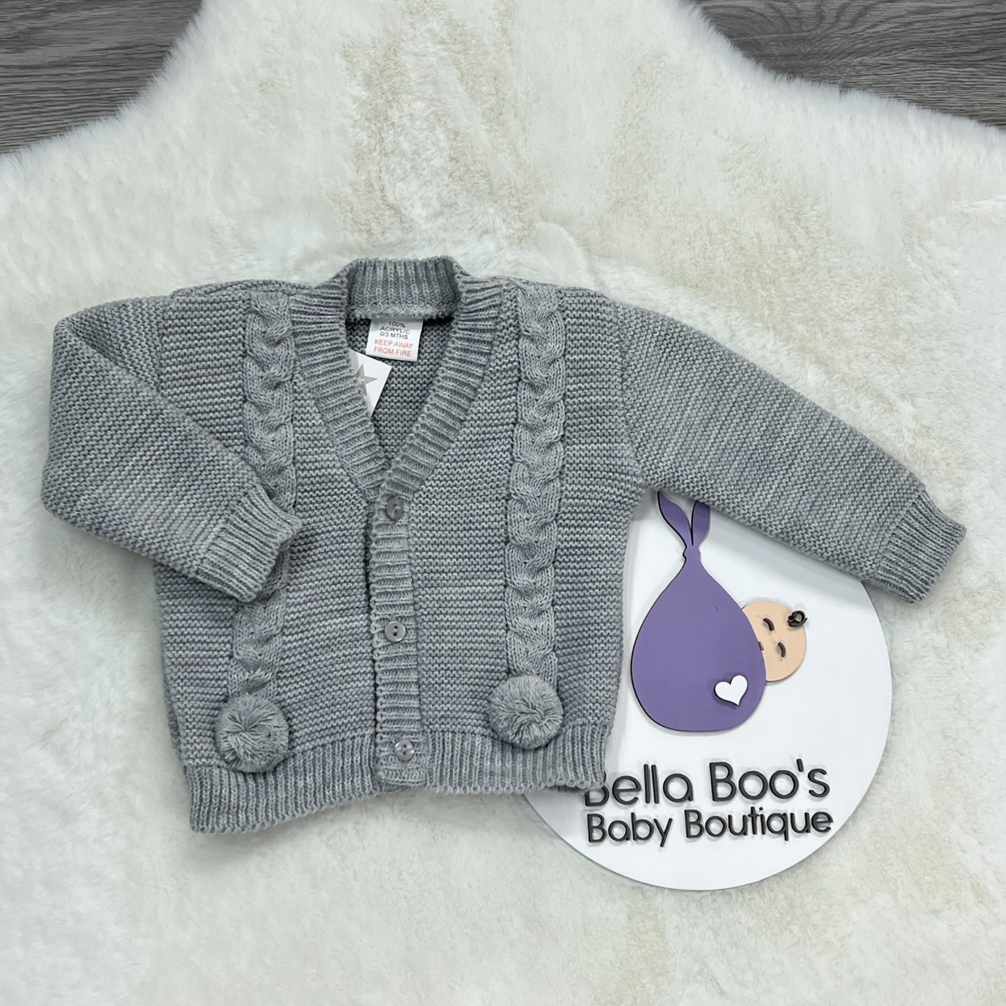 Grey Knitted Pom Pom Cardigan