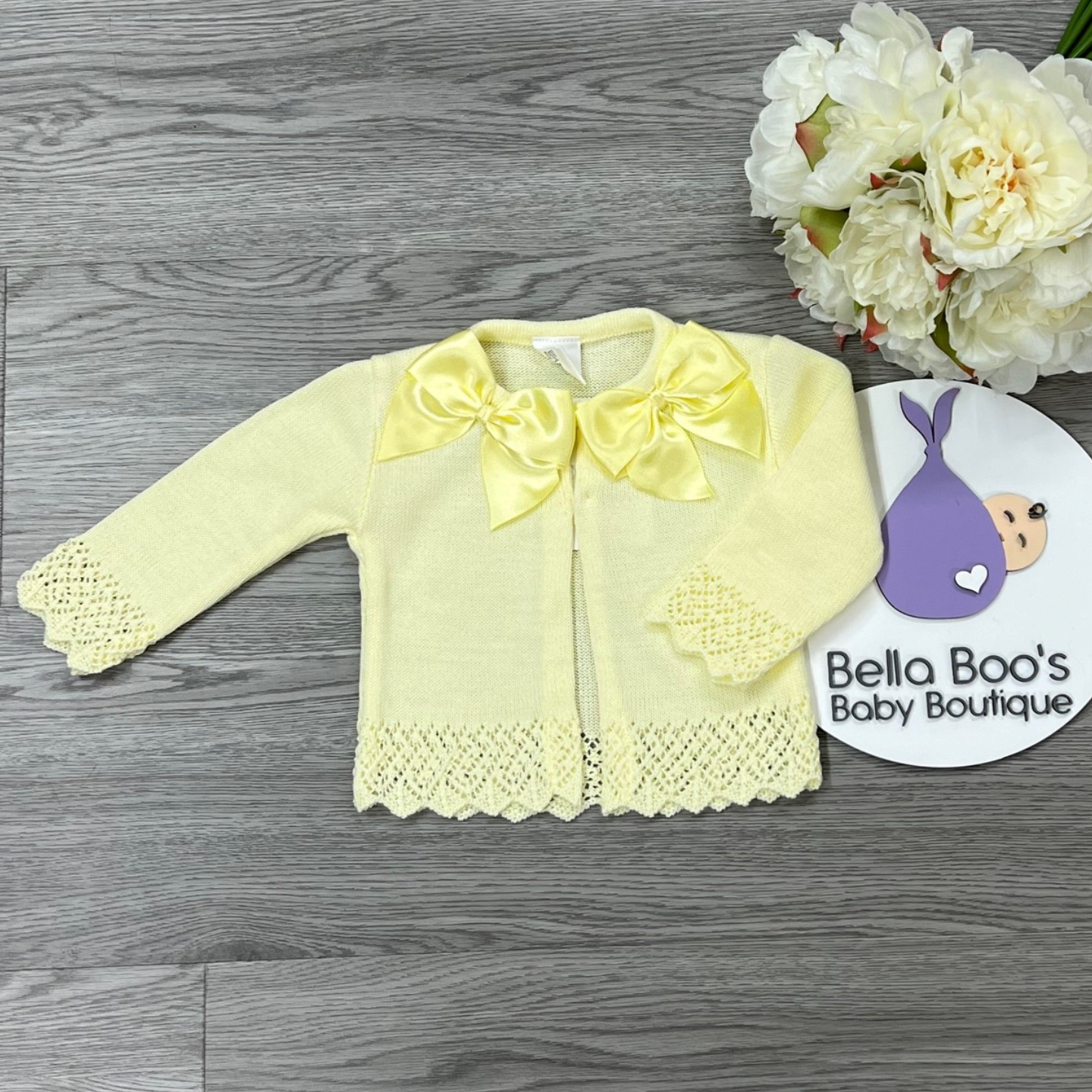 Girls Double Bow Lemon Cardigan