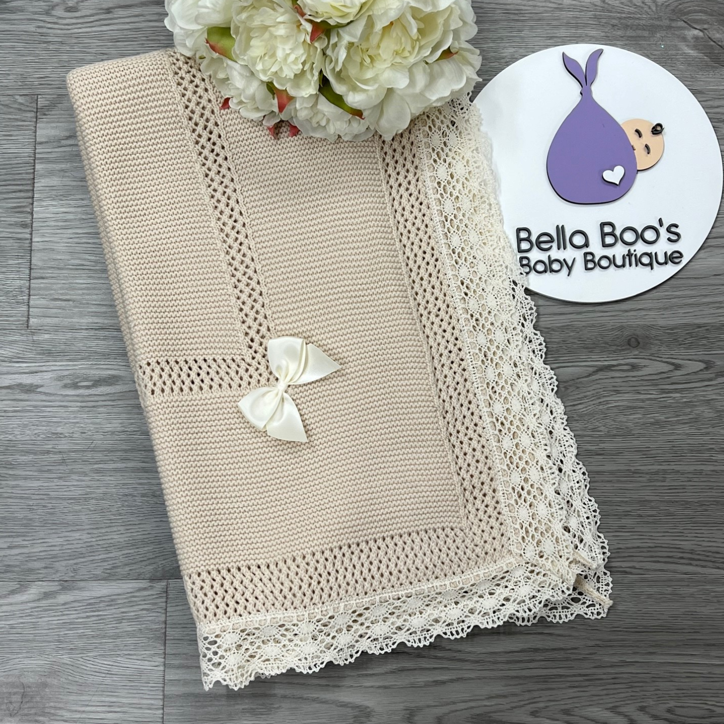 Biscuit Shawl With Cream Lace Trim