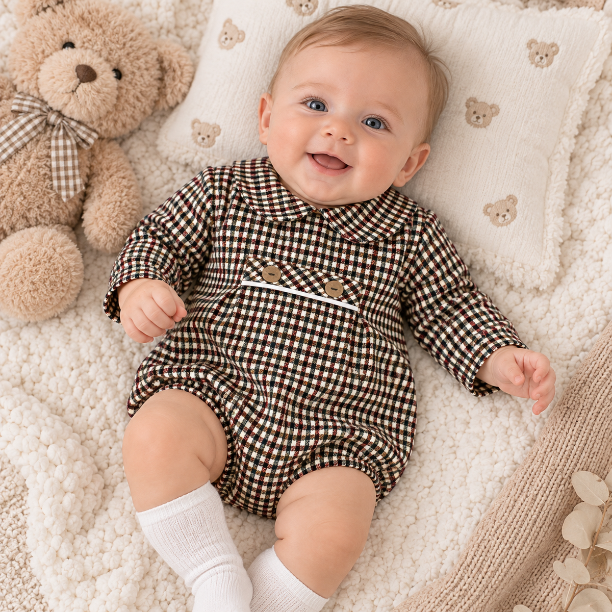 Rapife Baby Boy Burgundy Check Romper