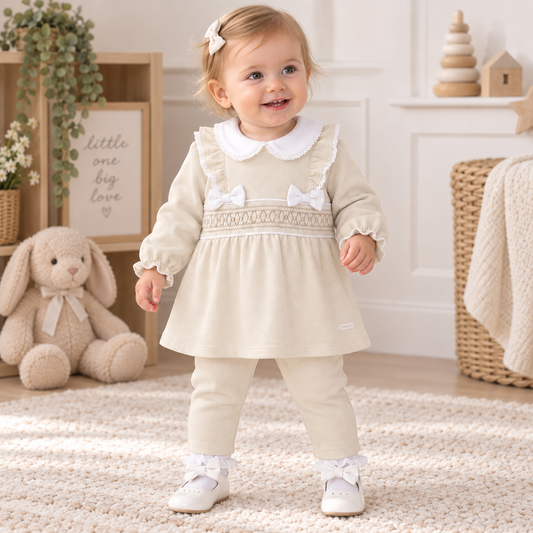 Amore Girls Beige Smock Tunic Legging Set