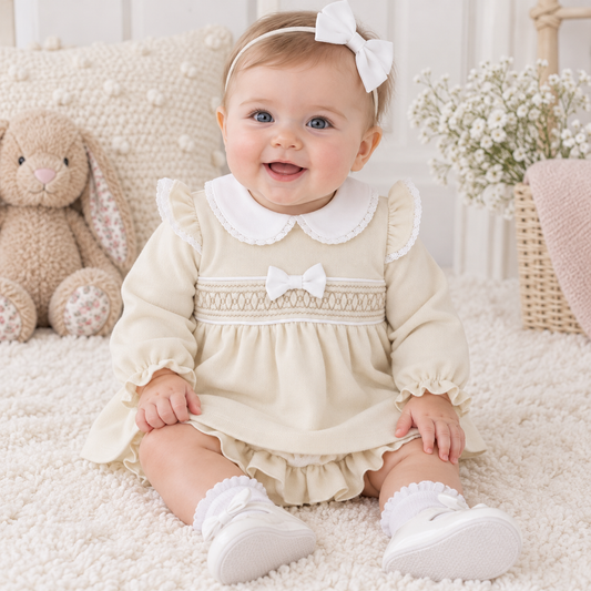 Amore Girls Beige Smock Dress & Pant Set