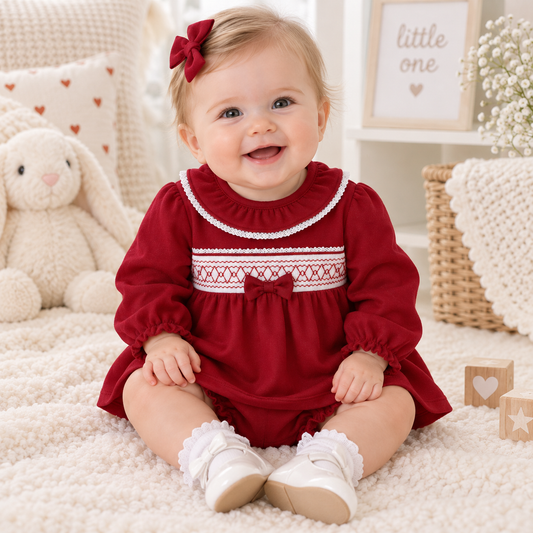 Amore Girls Red Smock Dress & Pant Set