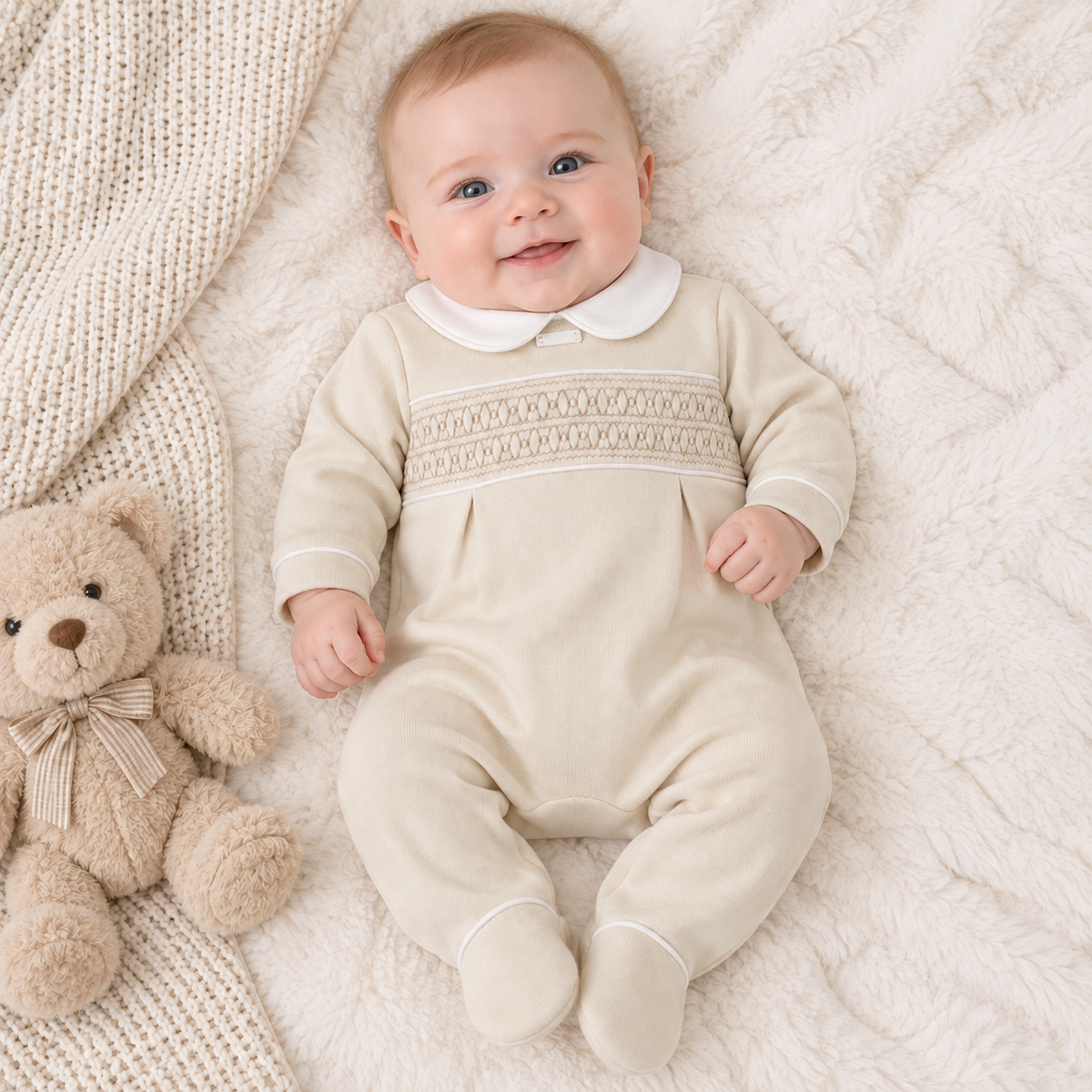 Amore Beige Smock Sleepsuit