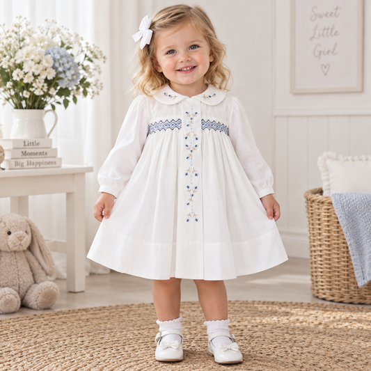 Sarah Louise Ivory Blue Smock Dress 011356