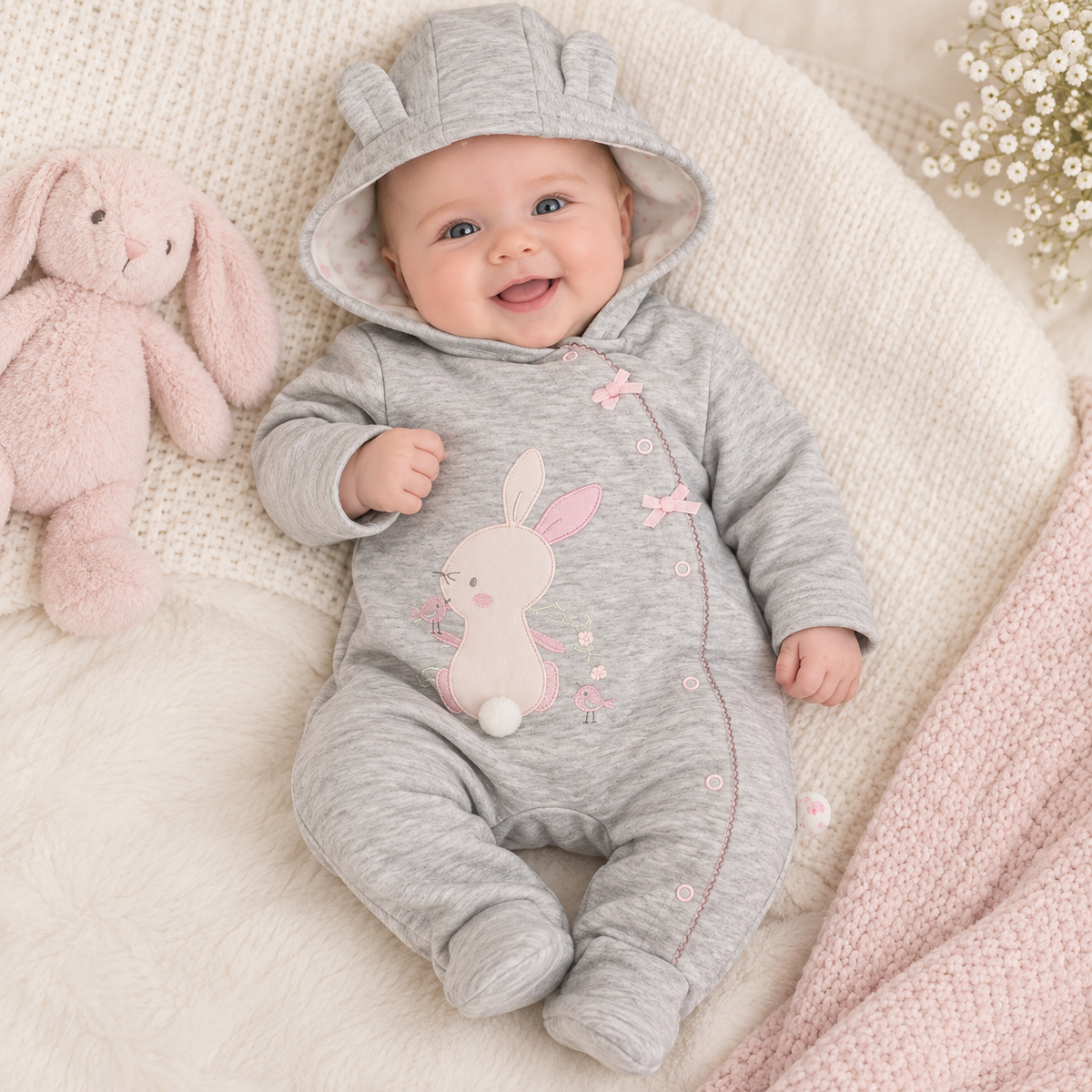 Baby Girls Bunny Hooded Pramsuit