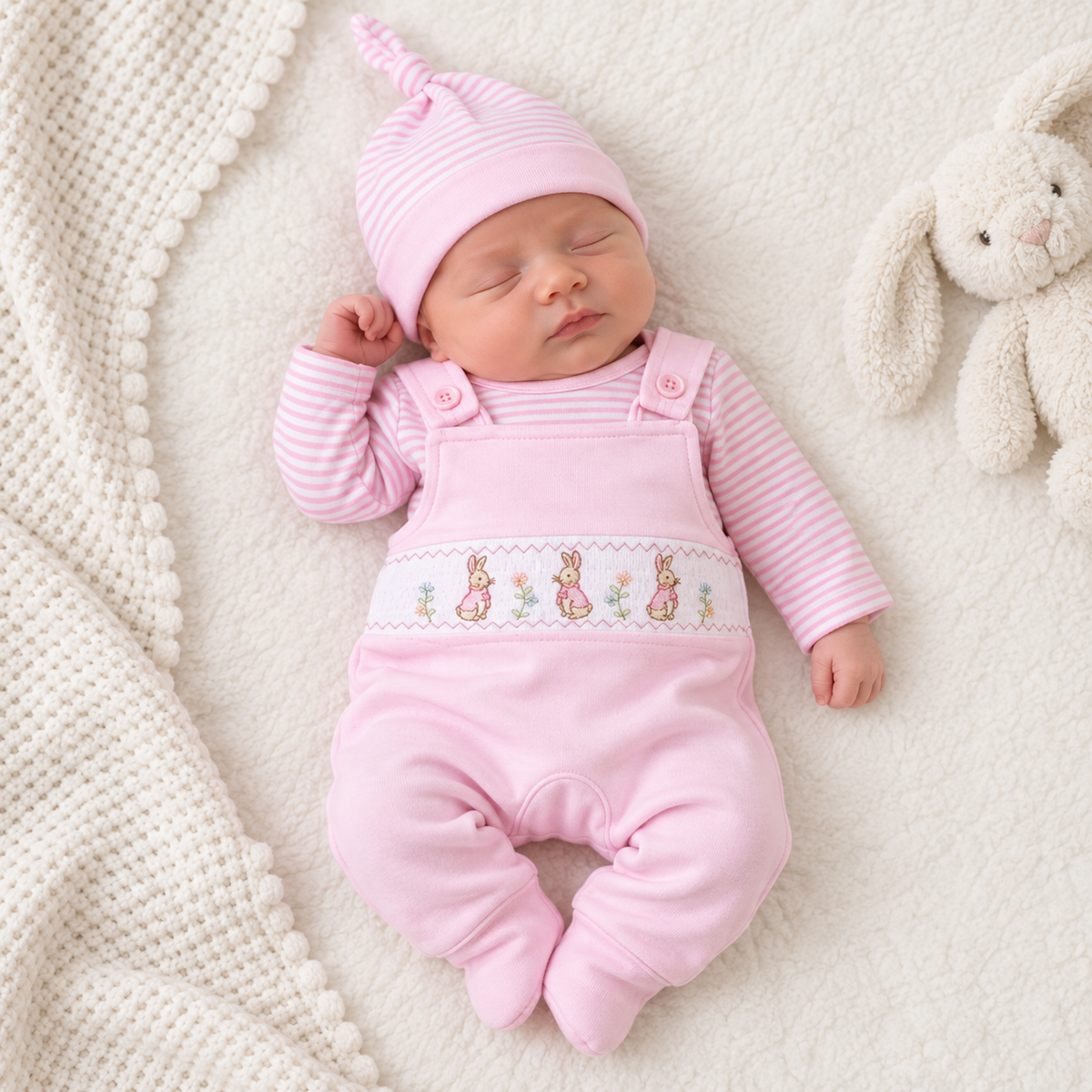 Tiny Baby Pink Bunny Smocked Dungaree Set