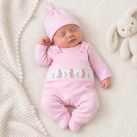 Tiny Baby Pink Bunny Smocked Dungaree Set