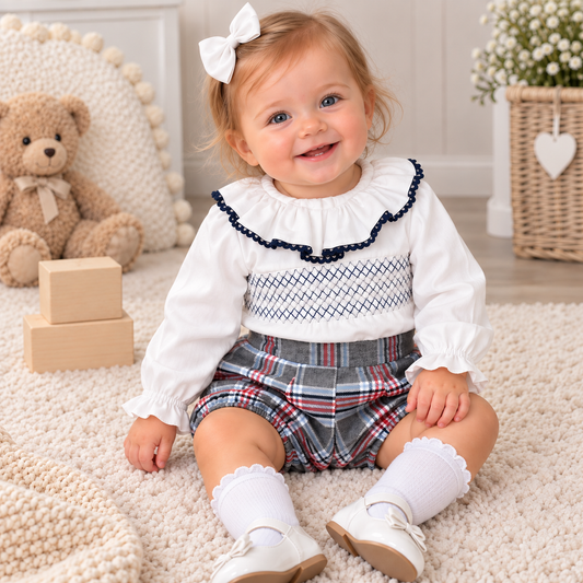 Girls Grey/Navy Check Two Piece Smock Set SG147