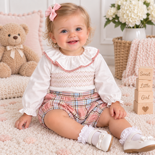 Girls Pink Check Two Piece Smock Set SG147